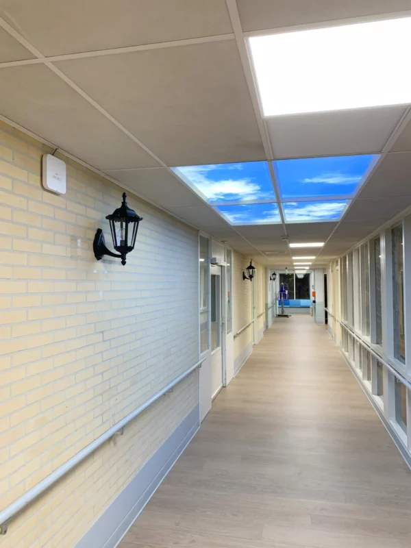 Plafond foto LED-panelen en Full Spectrum daglichtverlichting in wachtruimte van Vivium Zorggroep.